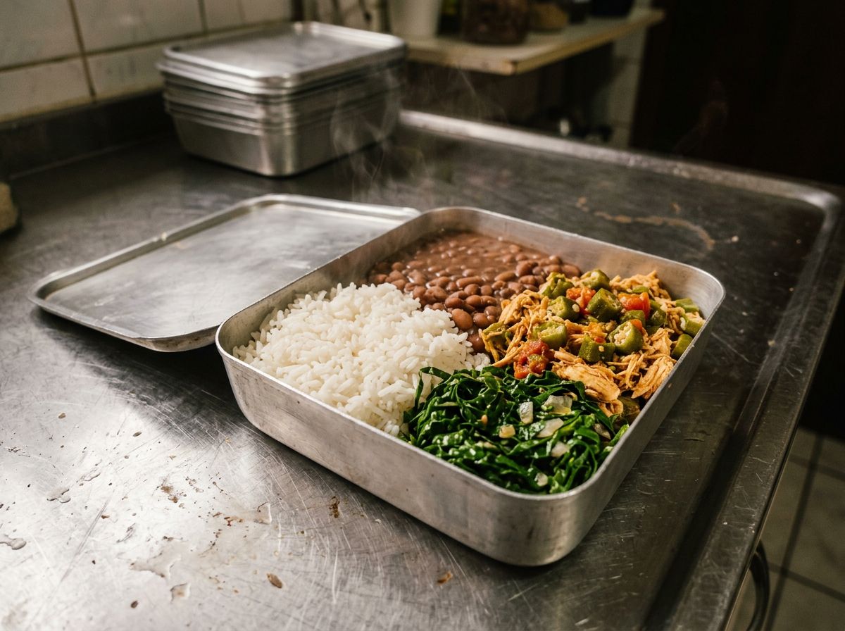 marmita montada na bancada, com arroz, feijão e frango