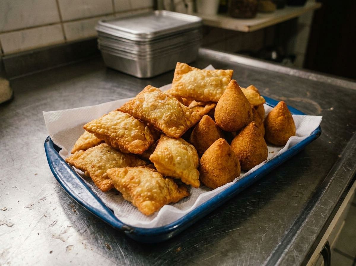 coxinha e pastel numa travessa de esmalte